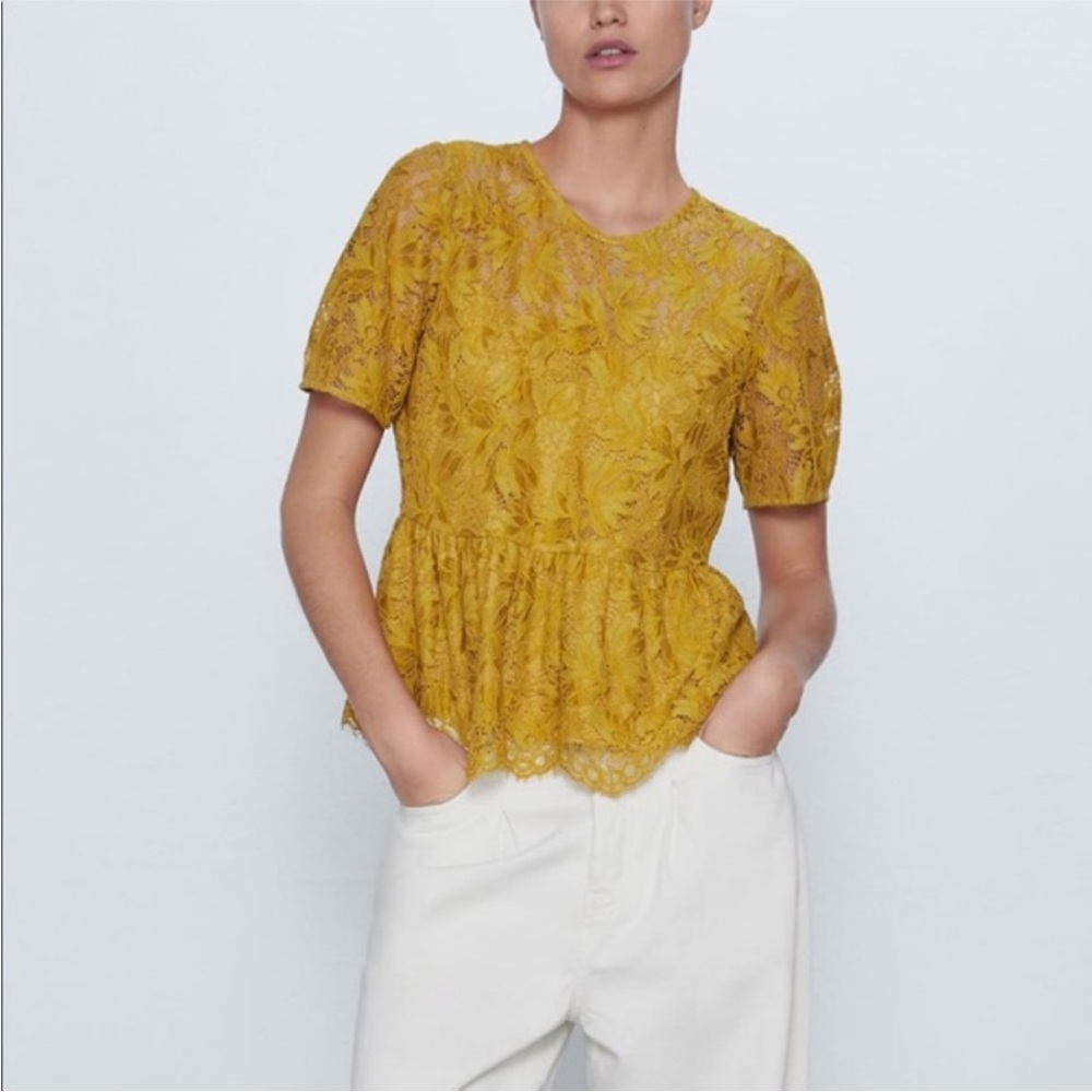 Zara Lace Peplum Top Mustard Yellow S